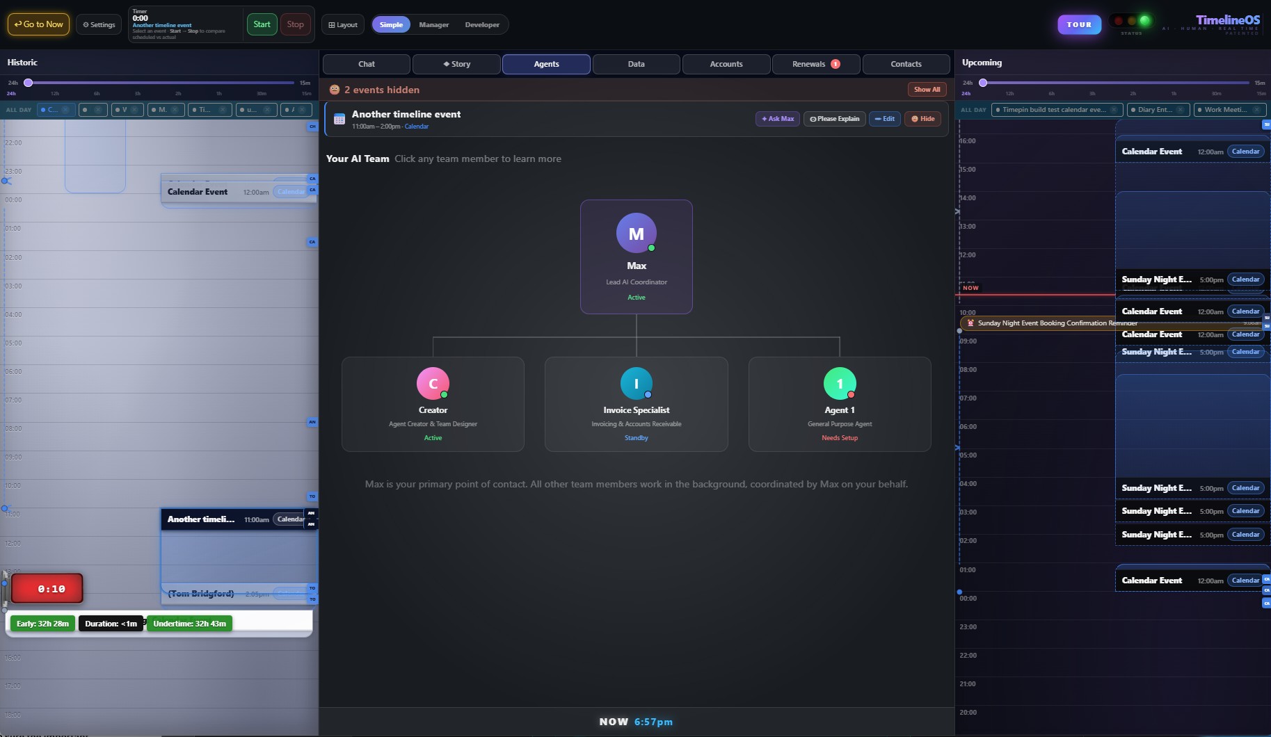 TimelineOS Agents workspace showing Max and the AI team